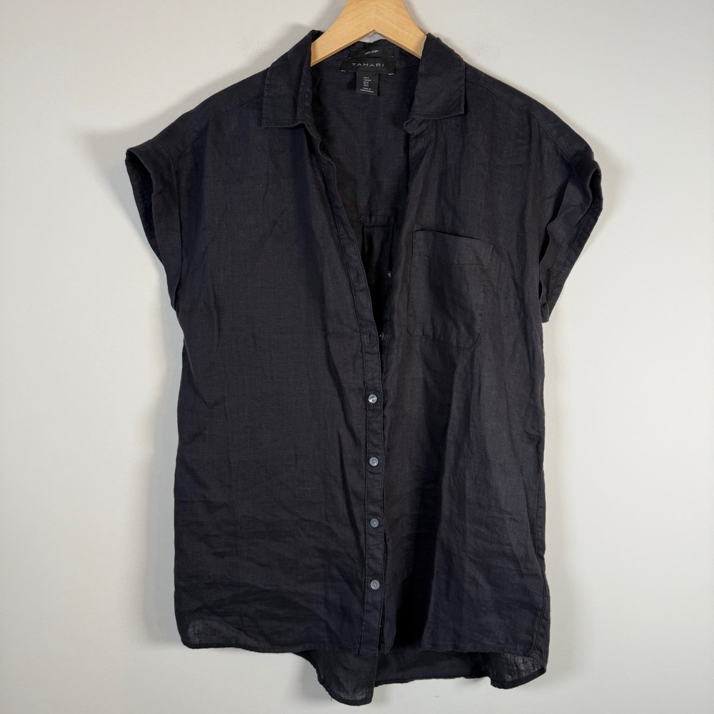 Tahari 100% Linen Button Up Down Shirt Top Small Black Short Sleeves‎ T-Shirt